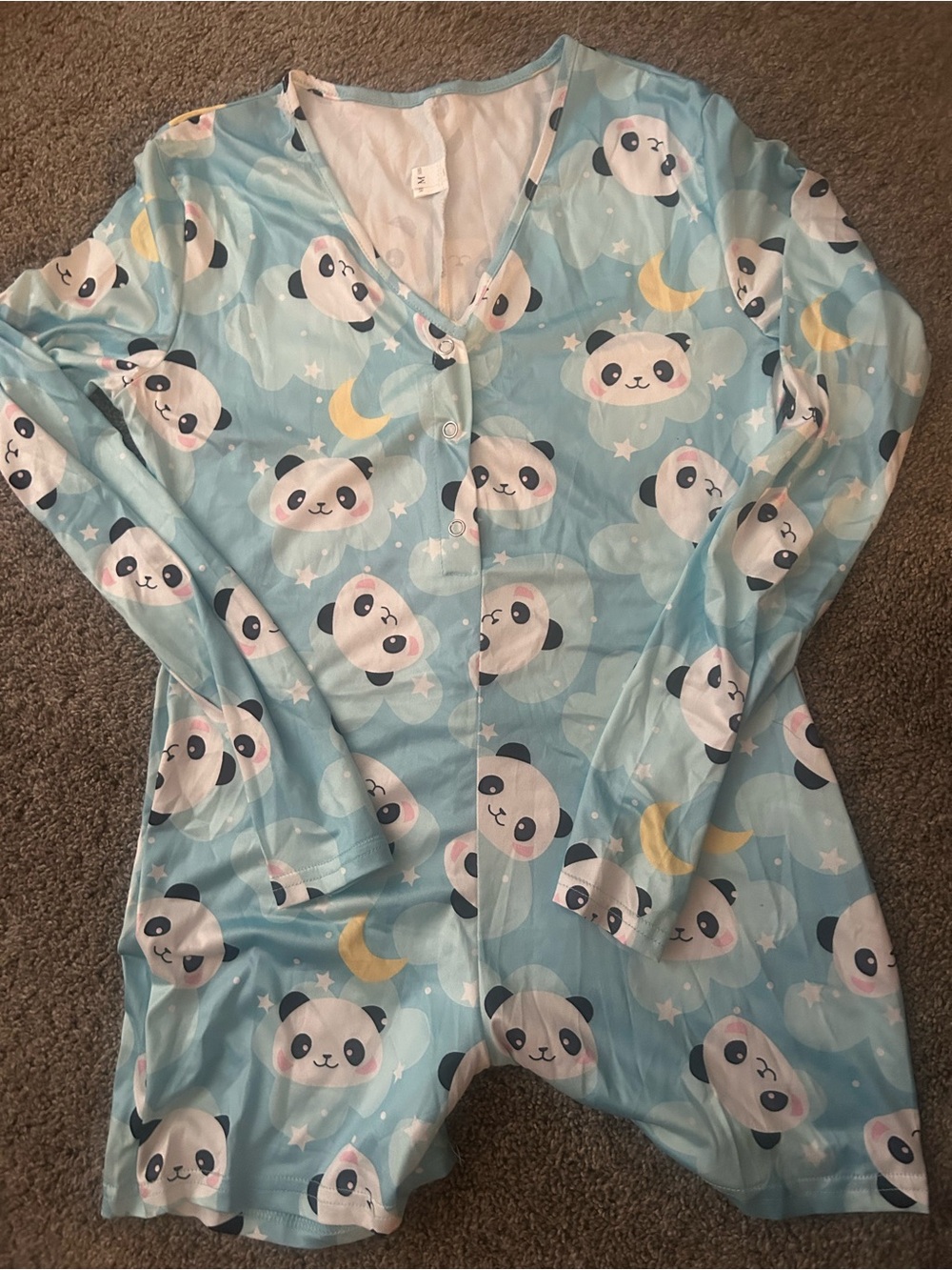 Women’s Light Blue Panda Print Sleep Romper - Cute Long Sleeve Pajama